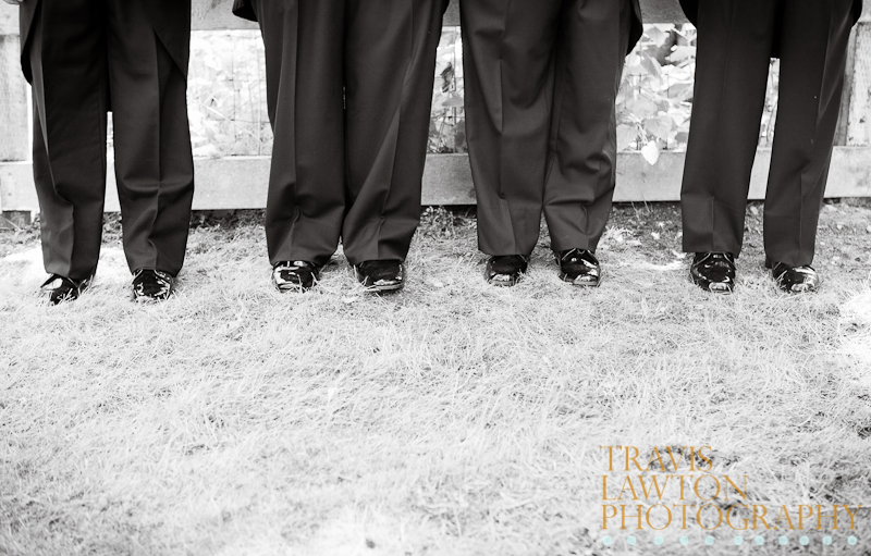 The groomsmen standing in a row against a fence at DeLille Cellars