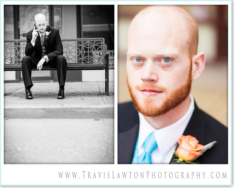 Close up of groom and him sitting on a bench making a phone call while waiting for his wedding to start