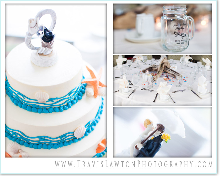 Wedding cake and reception with a sailing theme.