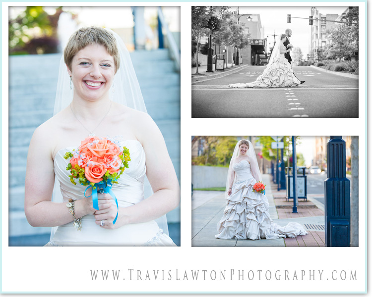 Bridal portraits include a closeup of the bride as well as her and her new husband walking across a crosswalk
