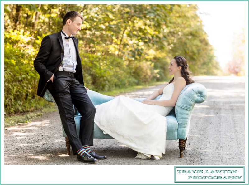 seattle wedding photographer bride and groom on vintage sofa